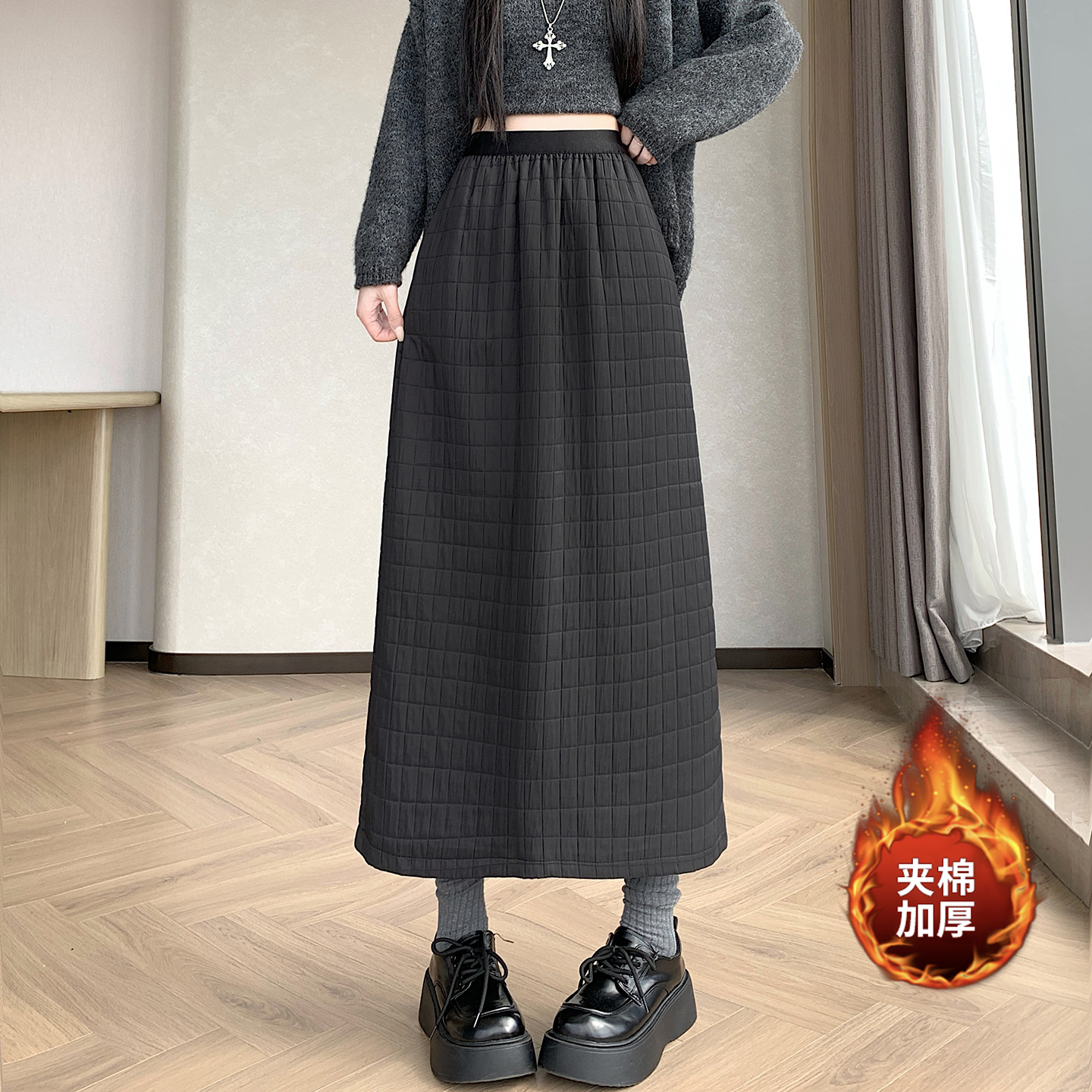 實拍韓系菱格夾棉a字裙氣質裙子設計感新款冬裝開叉直筒半身裙女