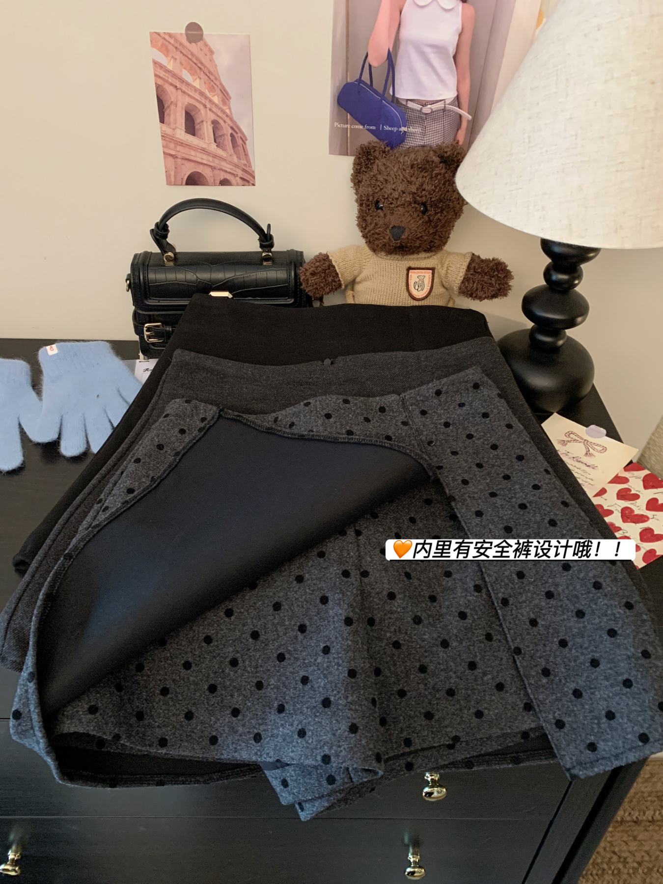 實拍復古波點高腰休閑半身裙女裝冬季簡約顯瘦加厚毛呢裙褲A字裙