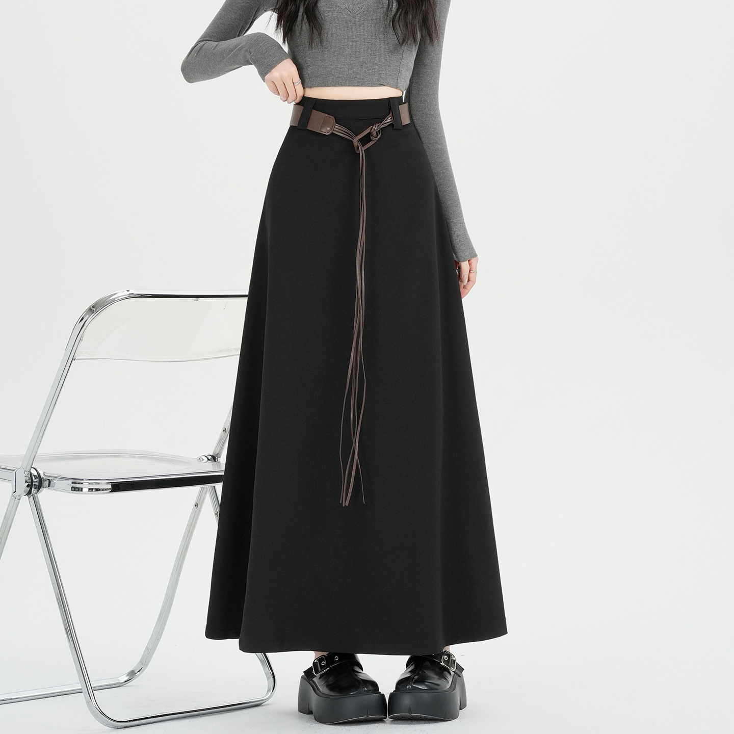 實拍氣質A版西裝半身裙女2026春夏新款高腰顯瘦設計感大擺裙長裙