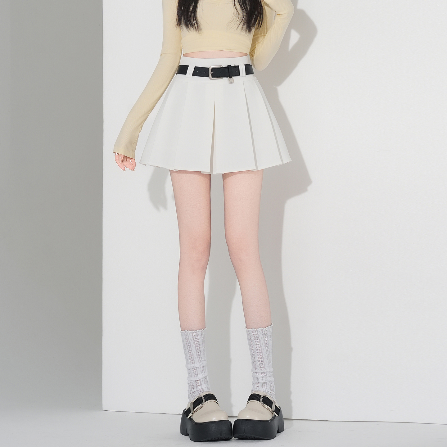 實拍黑色西裝半身裙女2026春夏新款韓版配腰帶短裙百搭百褶裙子女