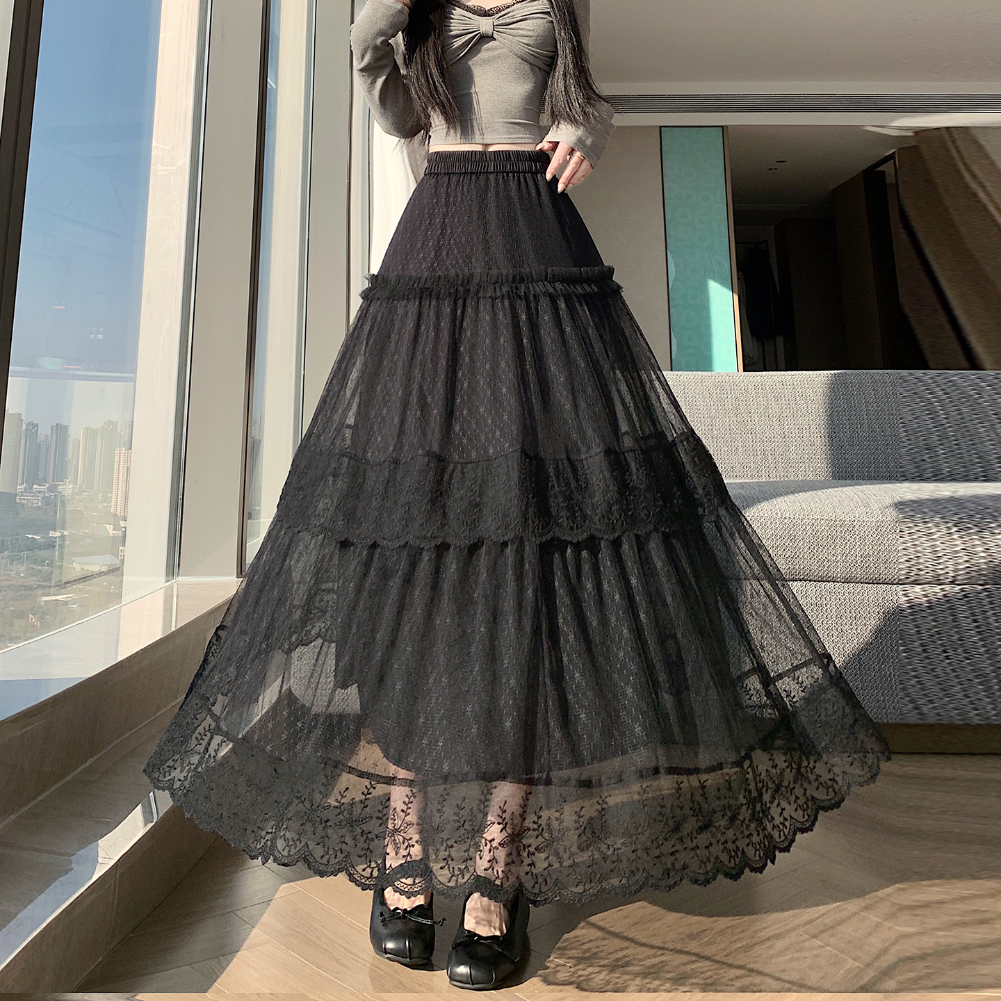 實拍蕾絲邊拼接網紗半身裙女2026春季新款高腰A字中長款蛋糕裙子