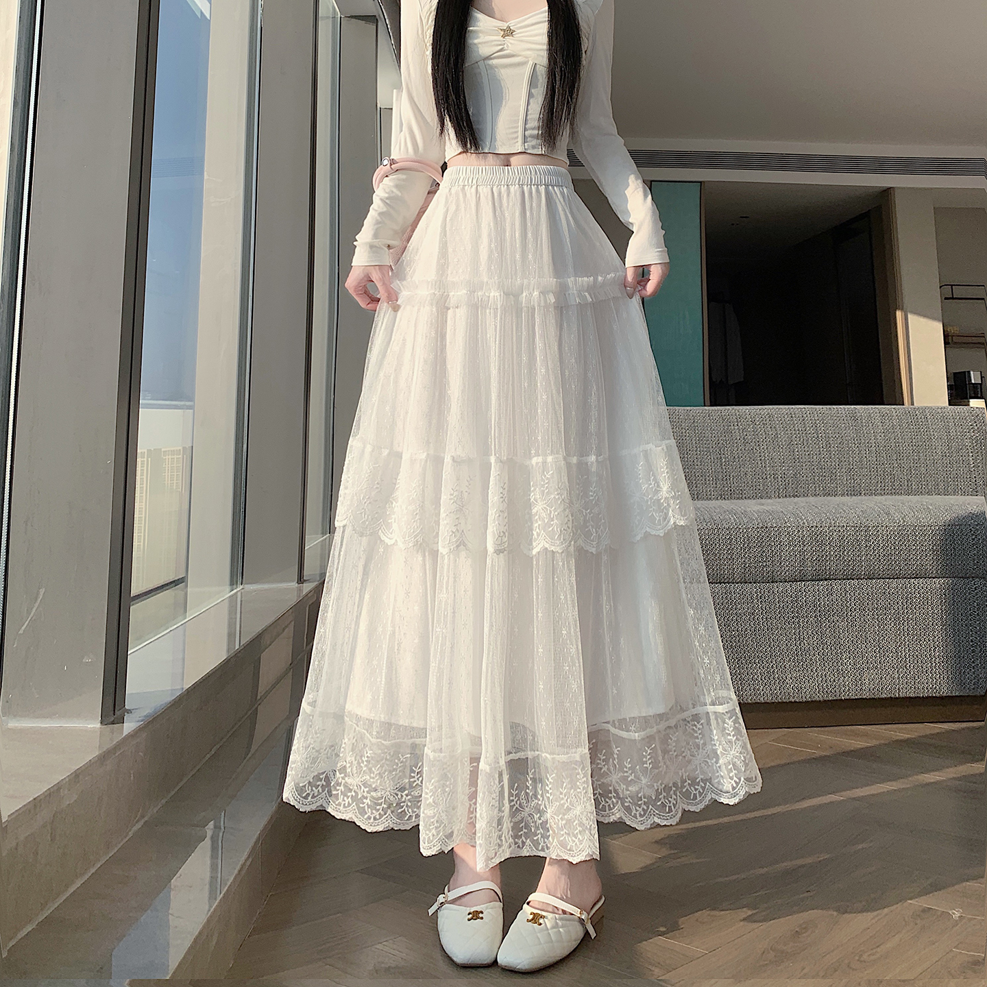 實拍蕾絲邊拼接網紗半身裙女2026春季新款高腰A字中長款蛋糕裙子
