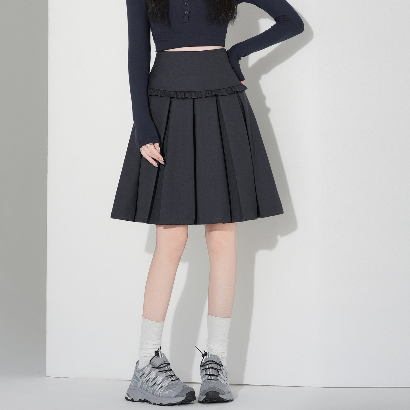 實拍灰色西裝半身裙女2026春夏秋新款木耳邊高腰顯瘦a字百褶裙女