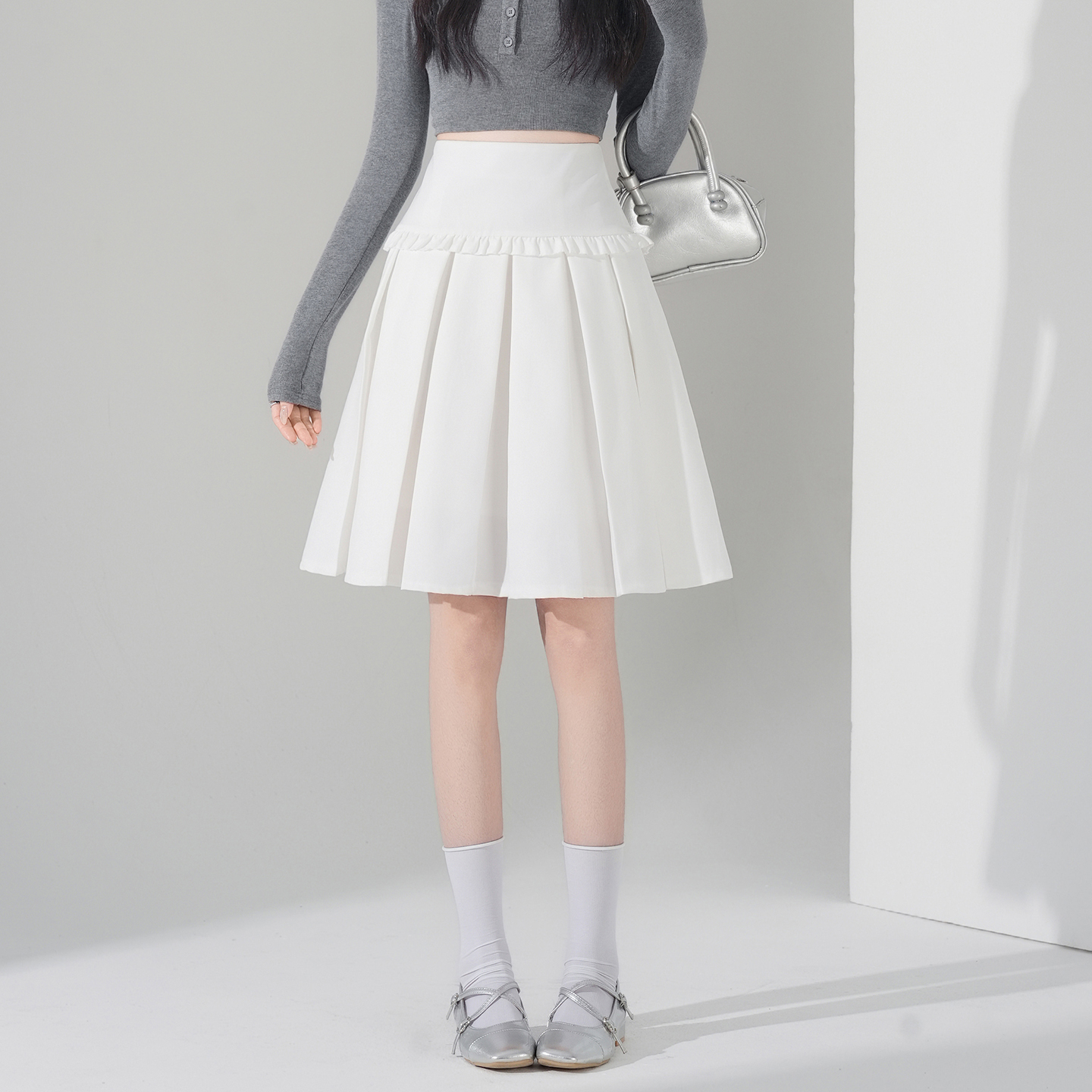 實拍灰色西裝半身裙女2026春夏秋新款木耳邊高腰顯瘦a字百褶裙女