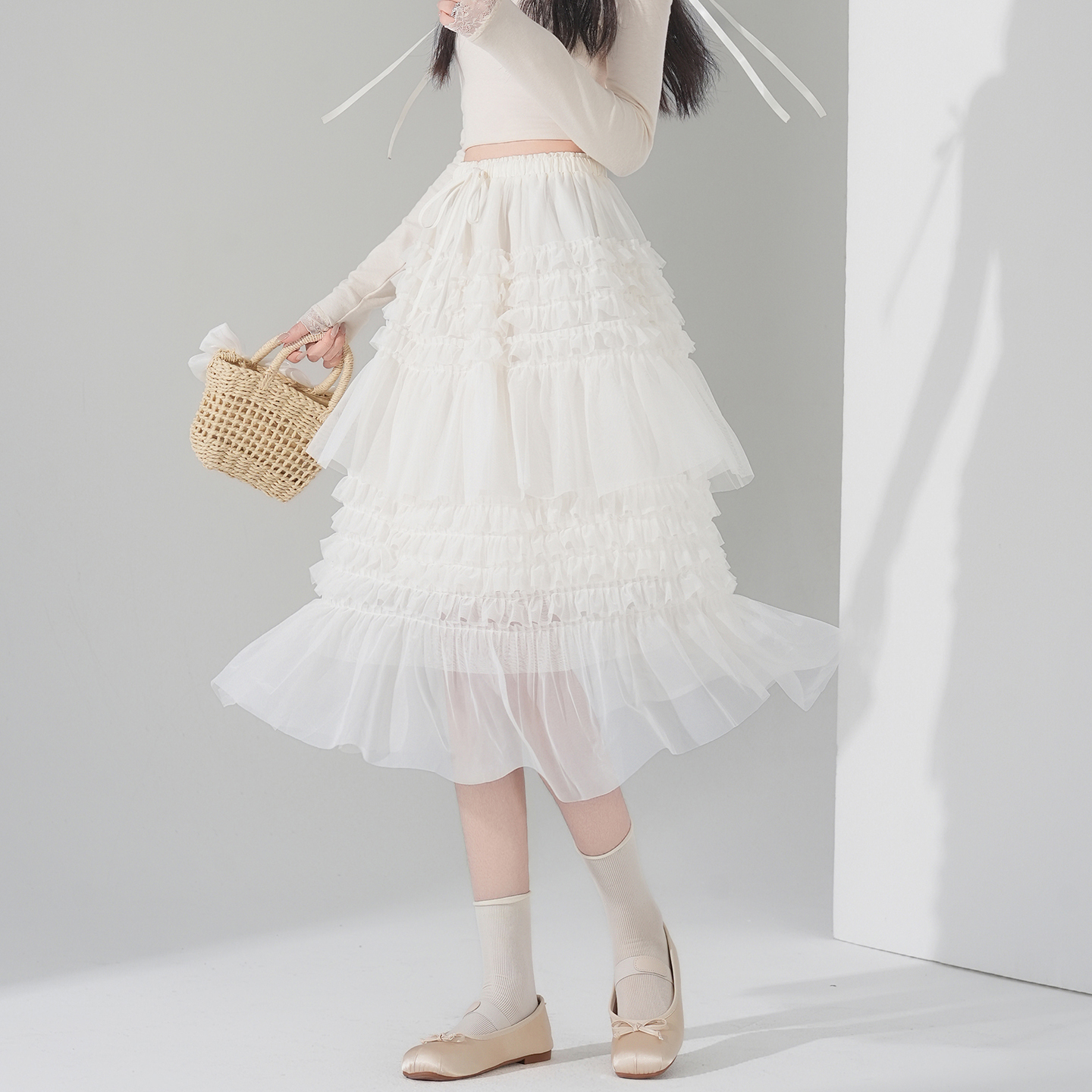 實拍木耳邊松緊腰半身裙女2026春夏新甜美A字裙杏色網紗裙蛋糕裙