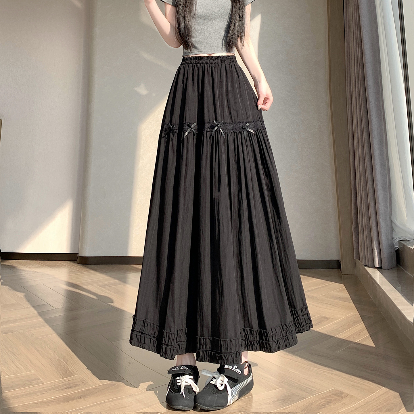 實拍木耳邊百褶裙半身裙女2026春夏秋新款高腰a字傘裙長款大擺裙