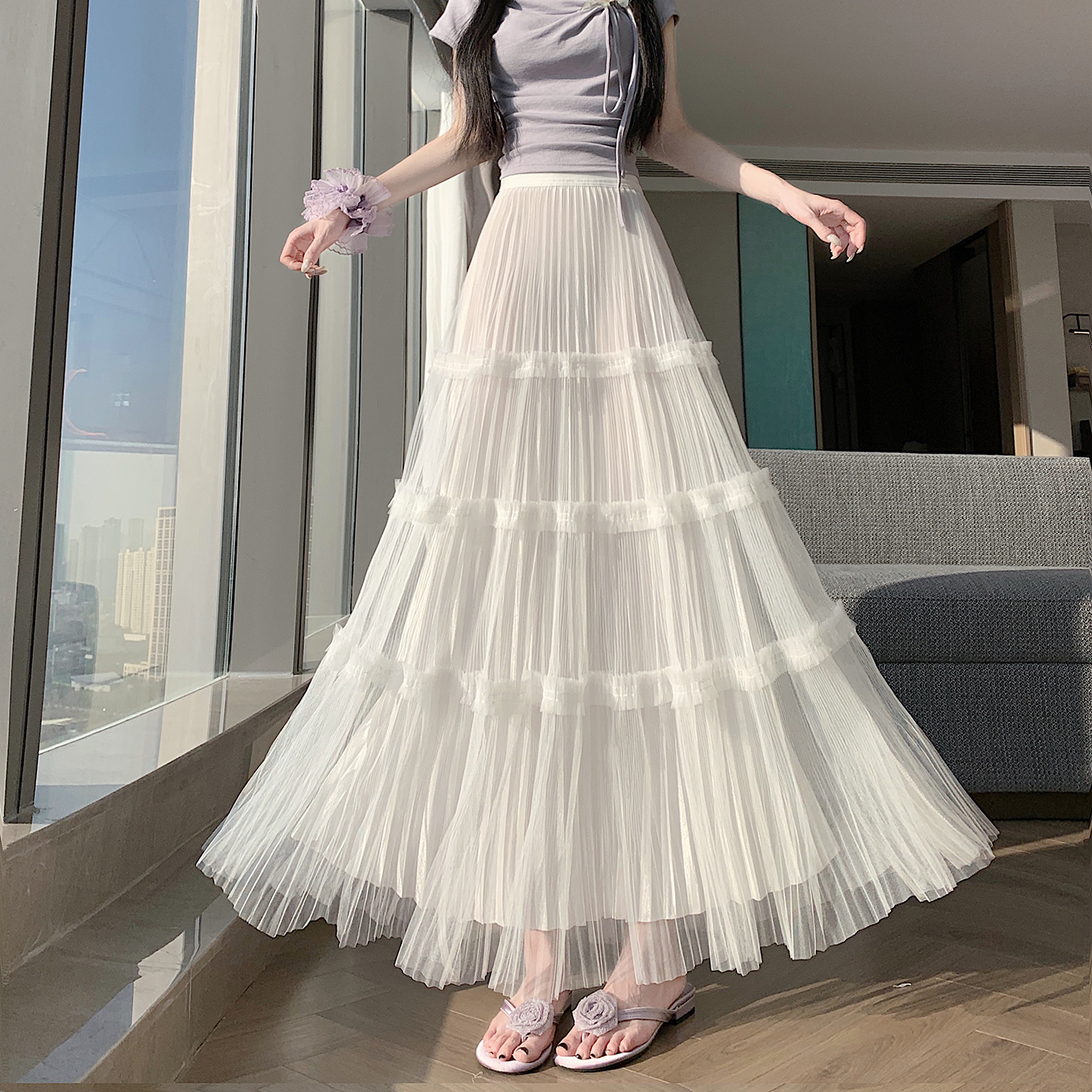 實拍網紗蛋糕半身裙女2026春夏秋新款顯瘦百搭a字百褶大擺長裙女