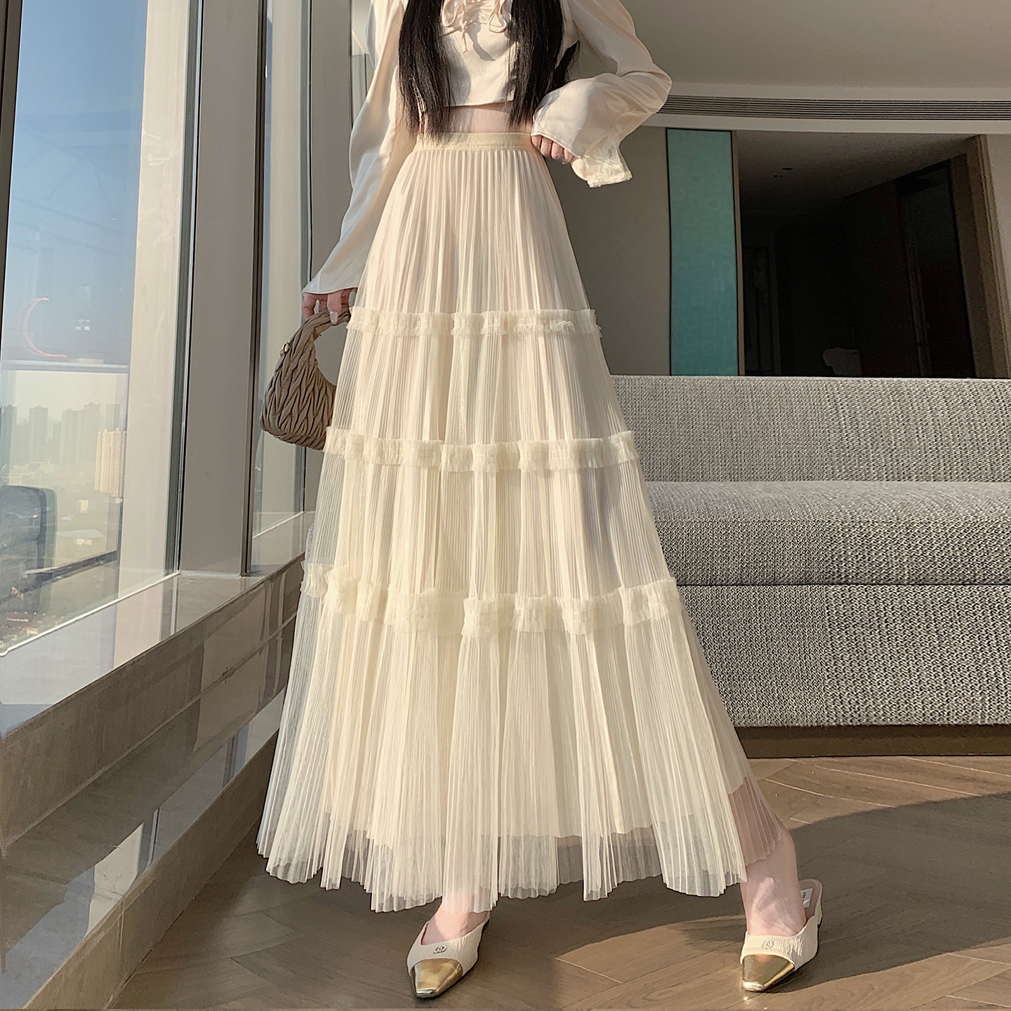 實拍網紗蛋糕半身裙女2026春夏秋新款顯瘦百搭a字百褶大擺長裙女