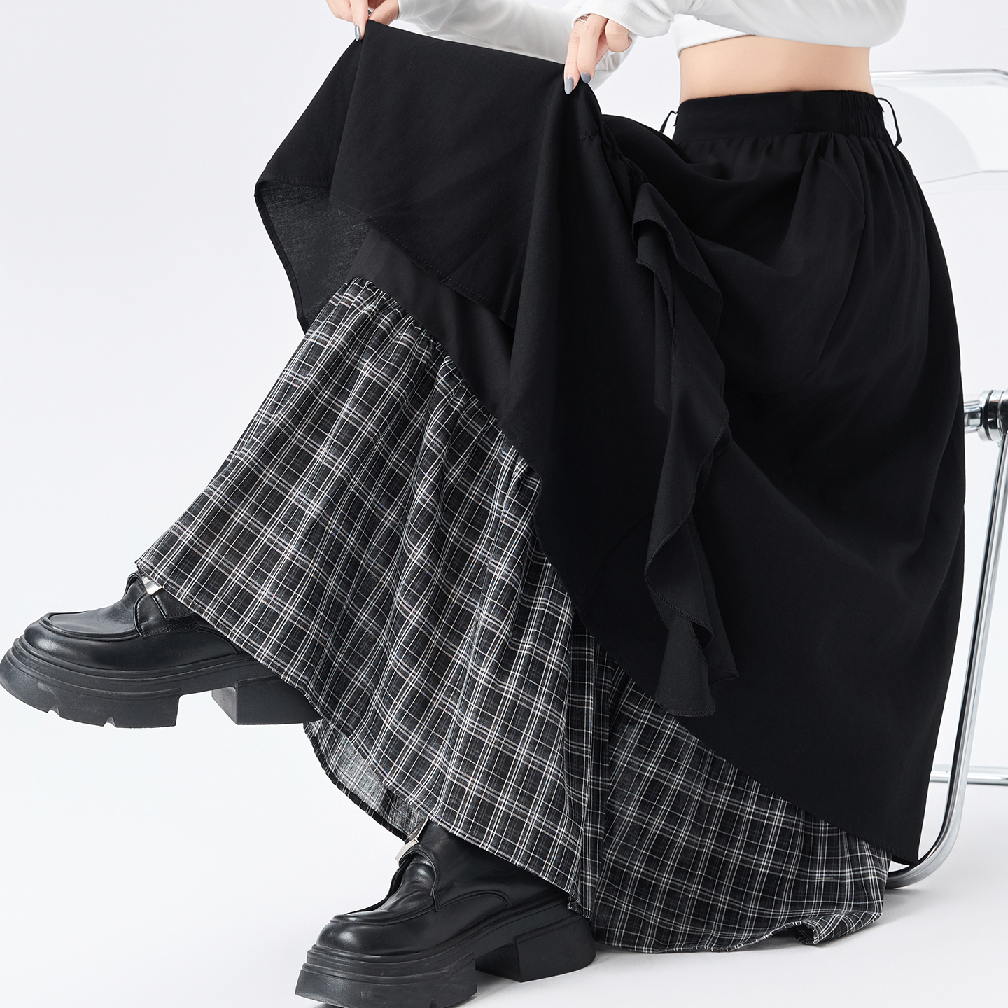 實拍法式拼接格子半身裙女2026春夏新款褶皺飄帶a字大擺裙中長裙