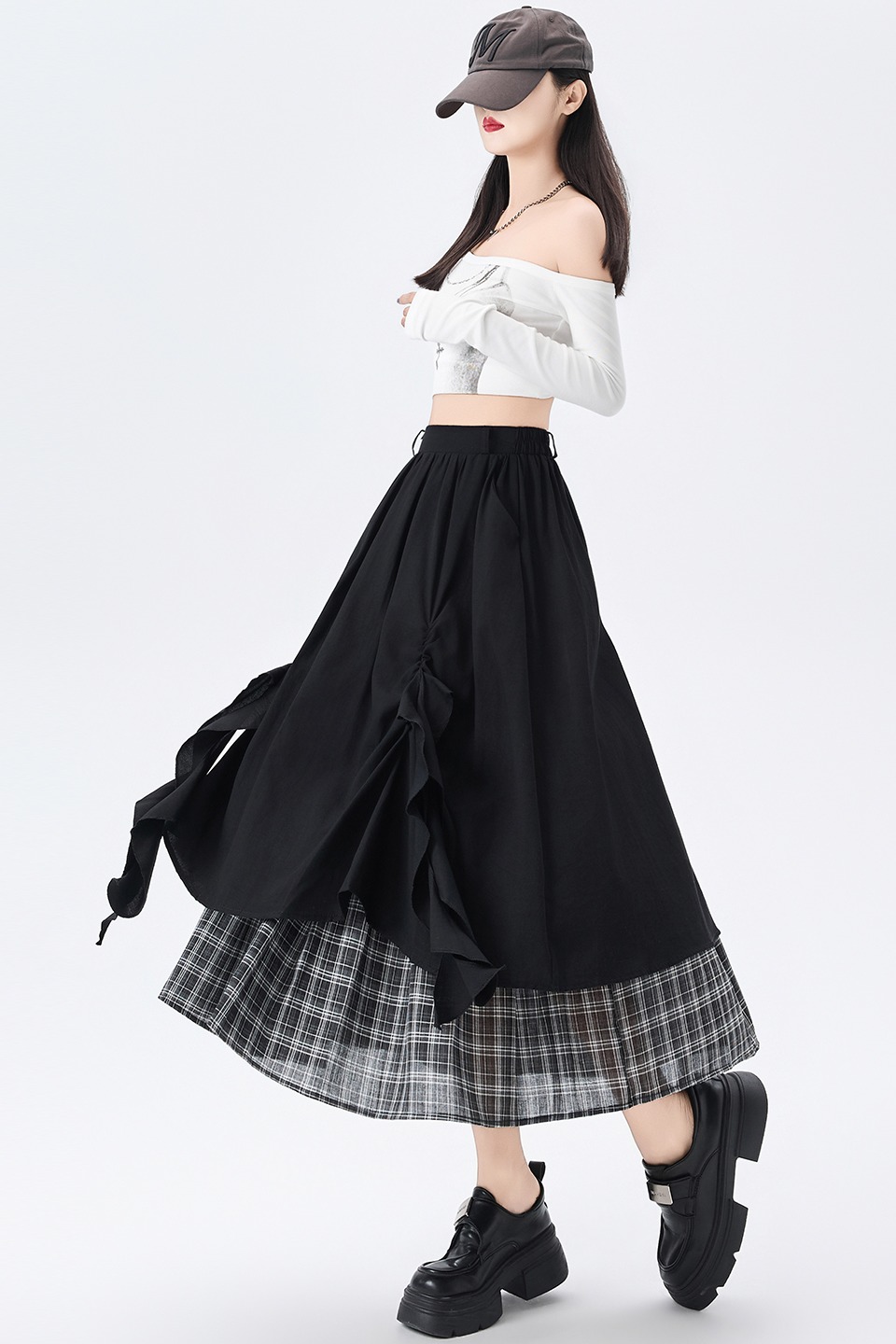 實拍法式拼接格子半身裙女2026春夏新款褶皺飄帶a字大擺裙中長裙