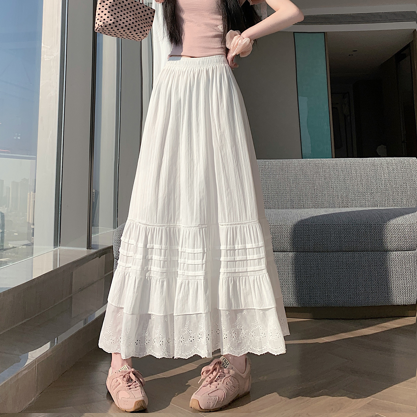 實拍白色蕾絲拼接半身裙女2026春夏新款高腰A字中長款蛋糕裙子女