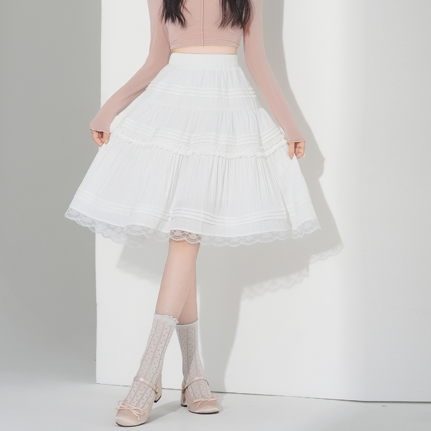 實拍芭蕾風白色蕾絲花邊減齡半身裙女2026夏季高腰顯瘦百搭蛋糕裙