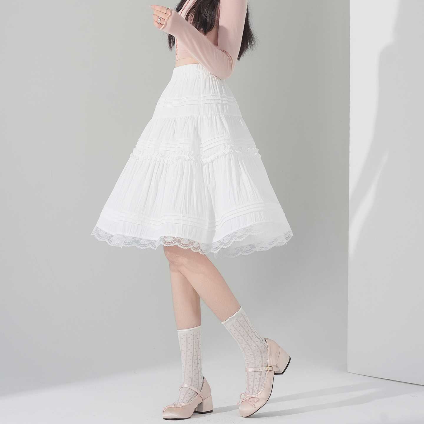 實拍芭蕾風白色蕾絲花邊減齡半身裙女2026夏季高腰顯瘦百搭蛋糕裙