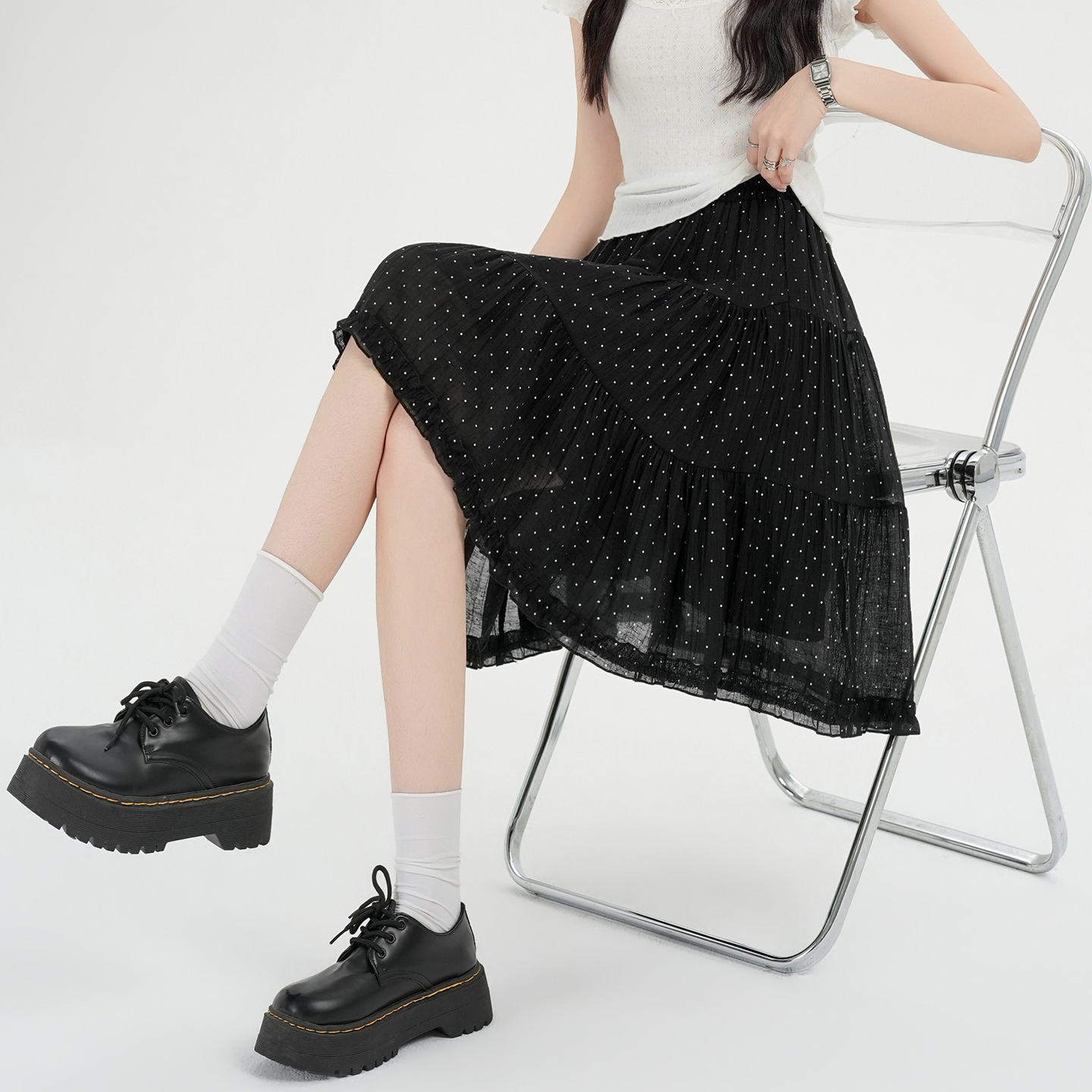 實拍甜美波點半身裙女2026春夏新款網紗木耳邊a字裙拼接五分中裙