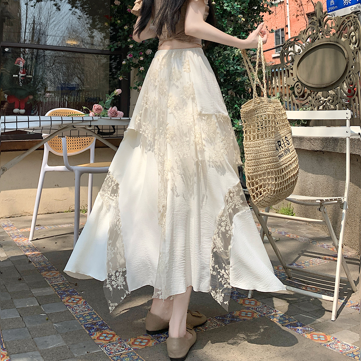 RY1798# 实拍2026春夏新款半身裙长款女重工网纱刺绣拼接蕾丝不规则...