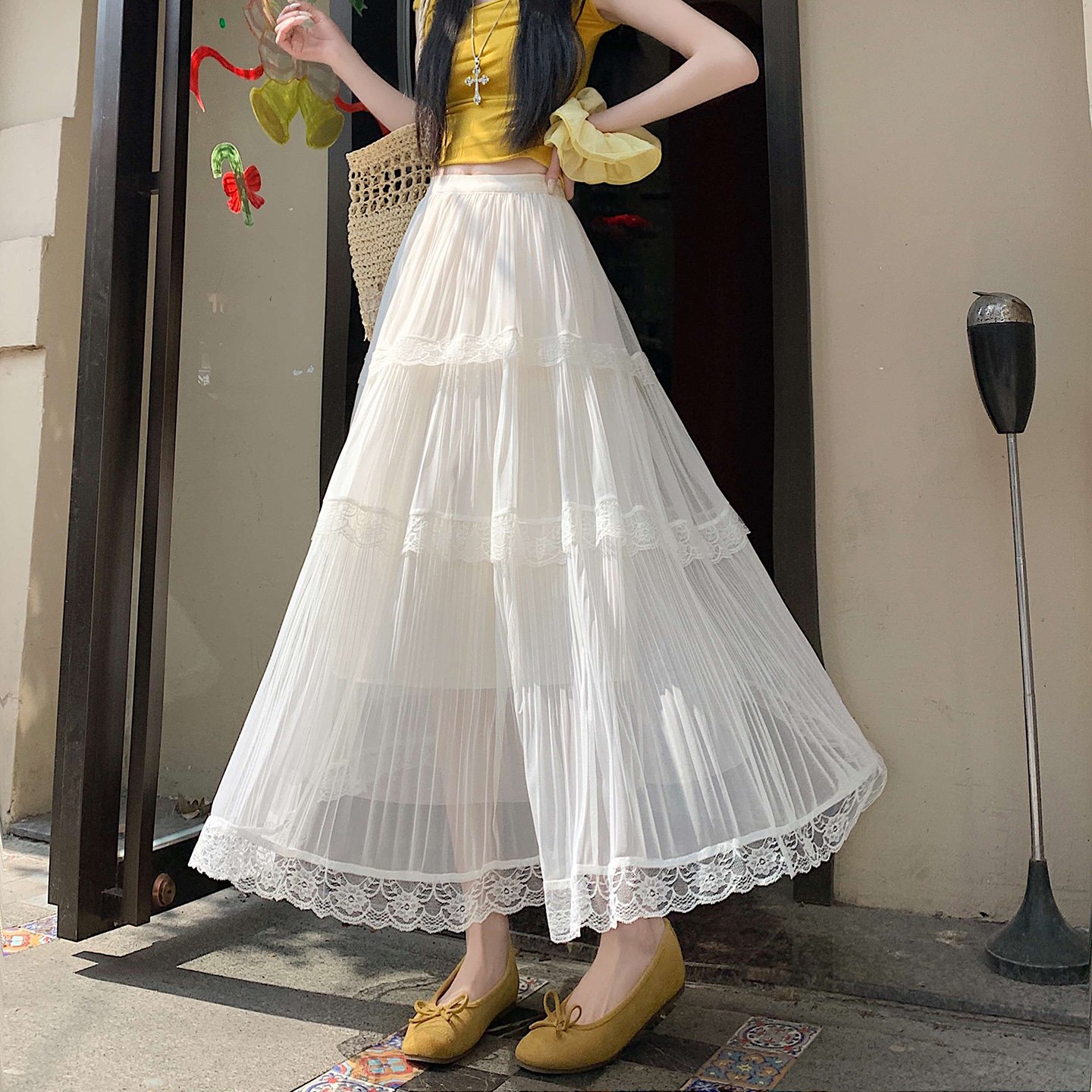 實拍網紗百褶裙蛋糕半身裙女2026夏季高腰顯瘦蕾絲邊a字大擺長裙