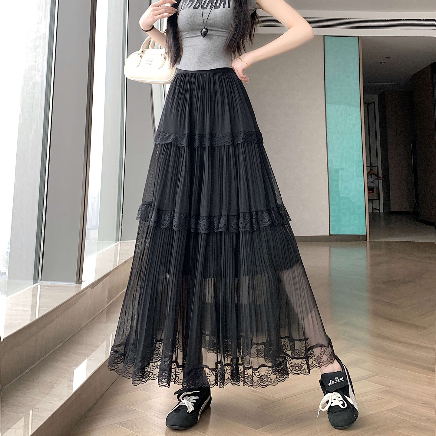 實拍網紗百褶裙蛋糕半身裙女2026夏季高腰顯瘦蕾絲邊a字大擺長裙