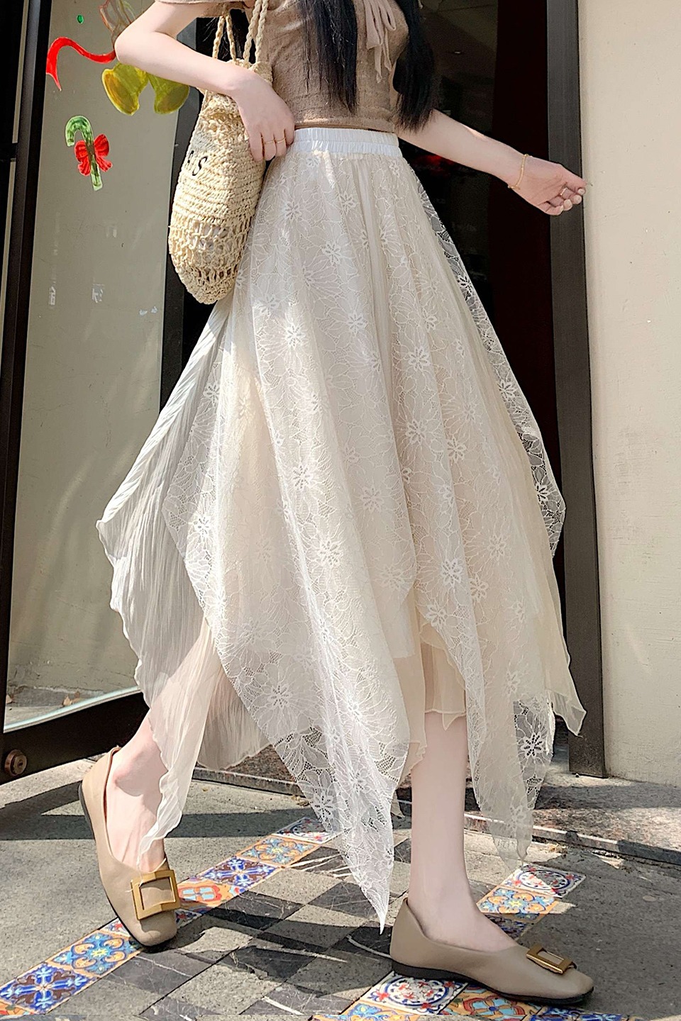實拍蕾絲拼接不規則A字半身裙女春夏2026新款高腰顯瘦網紗裙長裙