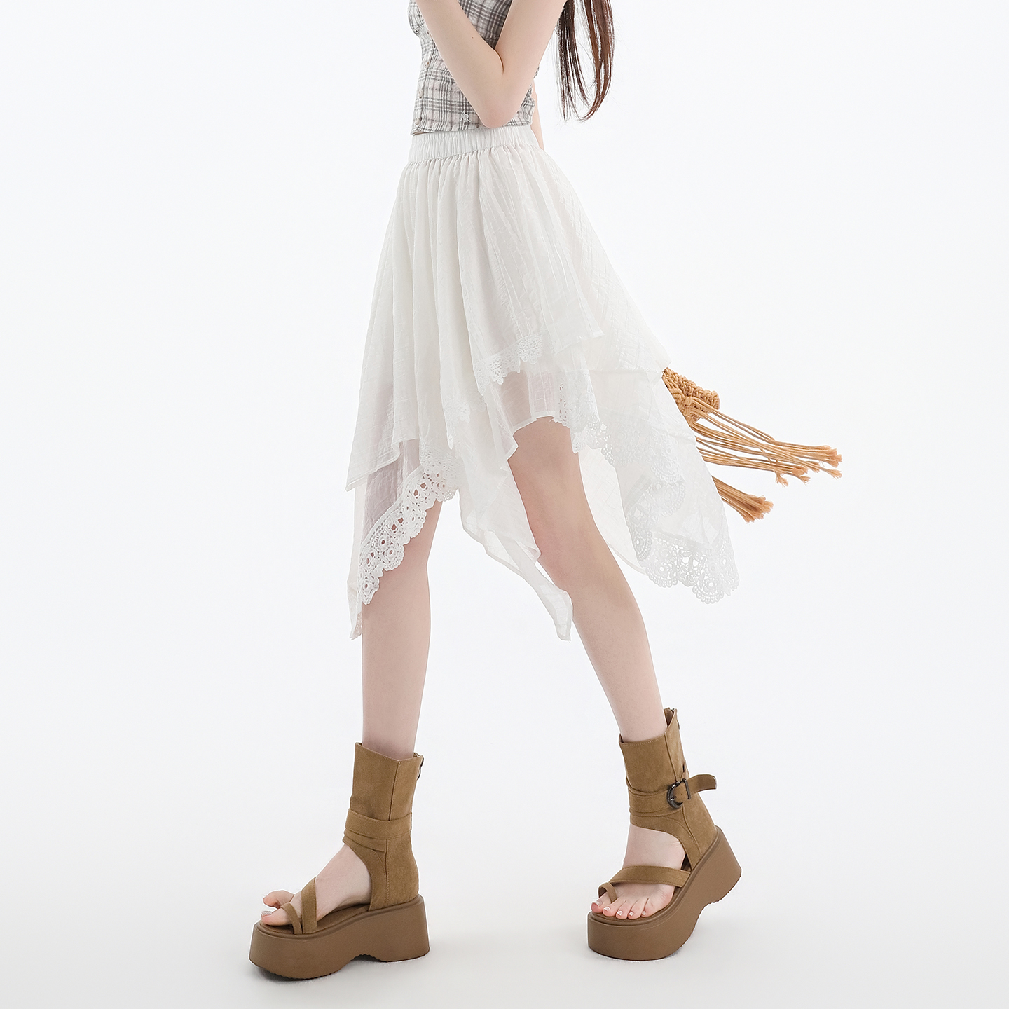 實拍不規則白色半身裙女2026夏季新款勾花蕾絲拼接設計感中裙女