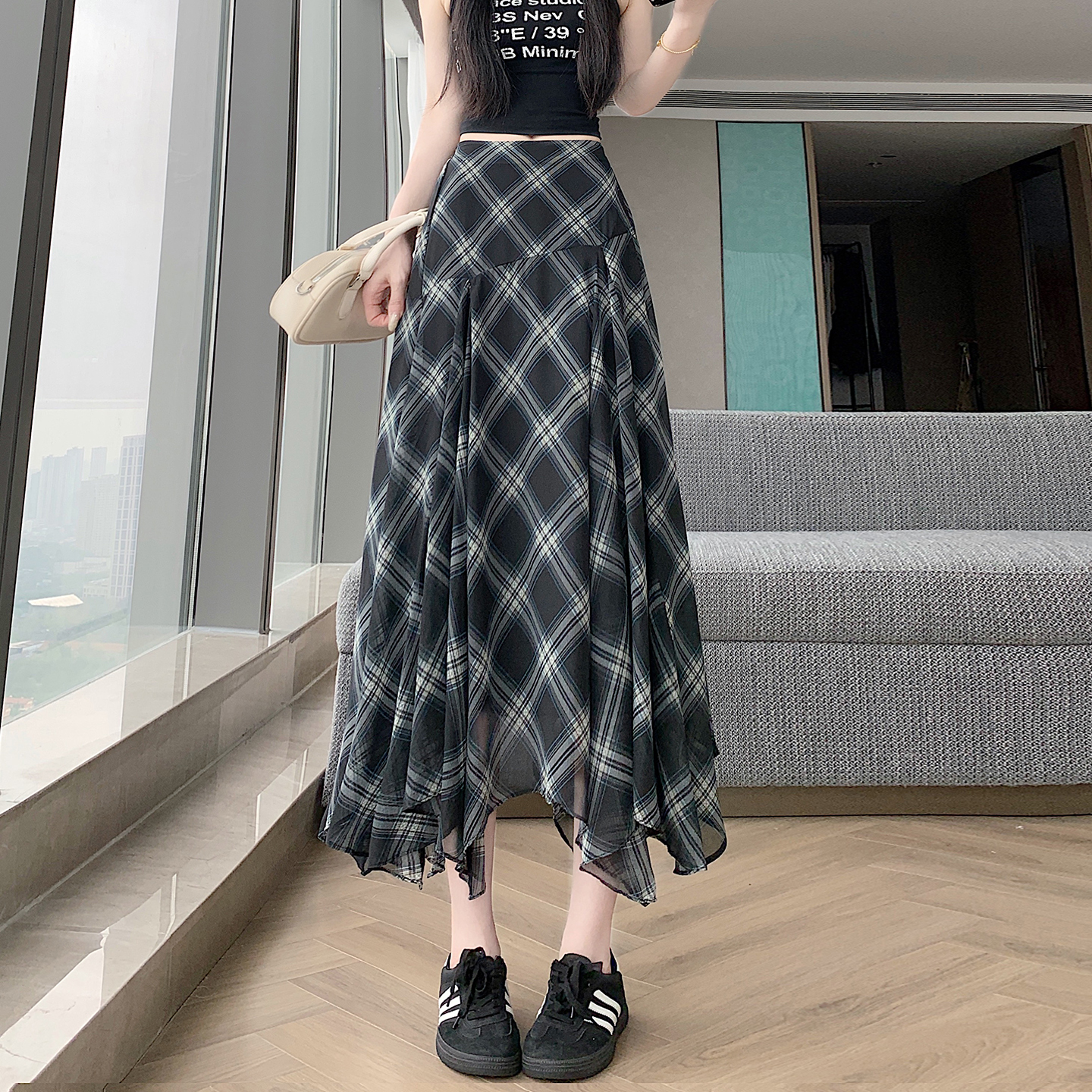 實拍格紋雪紡半身裙女2026春夏新款垂感不規則大擺顯瘦中長a字裙