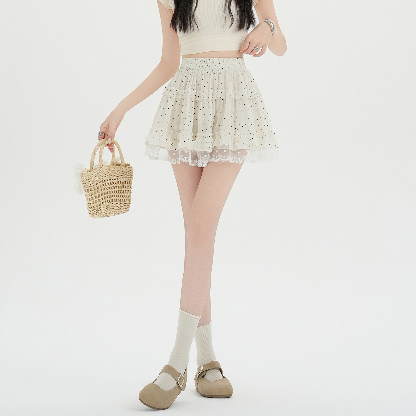 實拍甜美風波點蕾絲拼接半身裙女2026春夏新款小個子木耳邊蛋糕裙