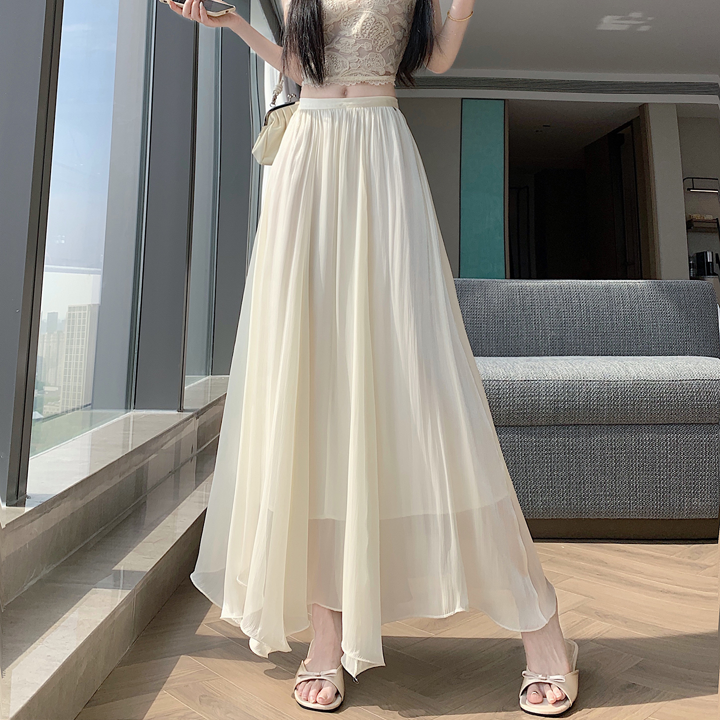 實拍流光紗裙半身裙高級感女2026新款高腰顯瘦a字裙飄逸大擺長裙