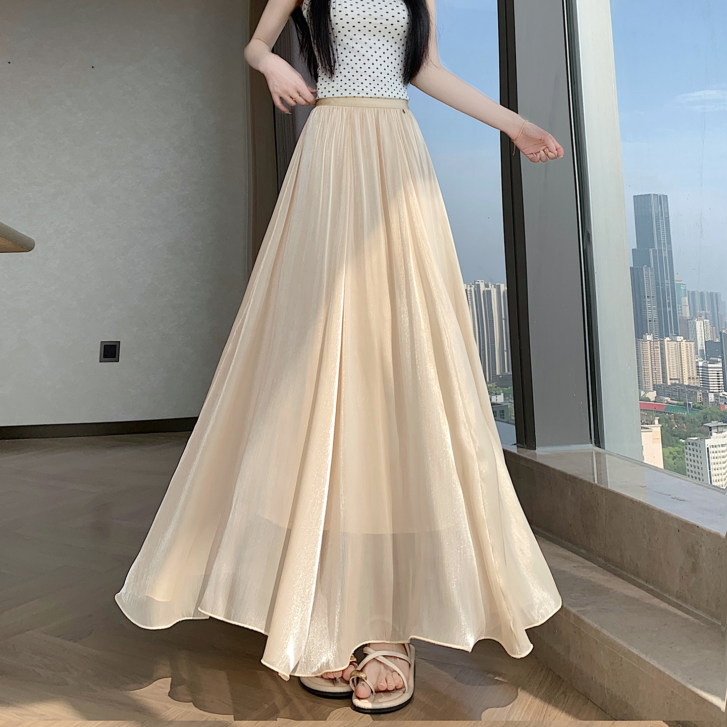 實拍流光紗裙半身裙高級感女2026新款高腰顯瘦a字裙飄逸大擺長裙
