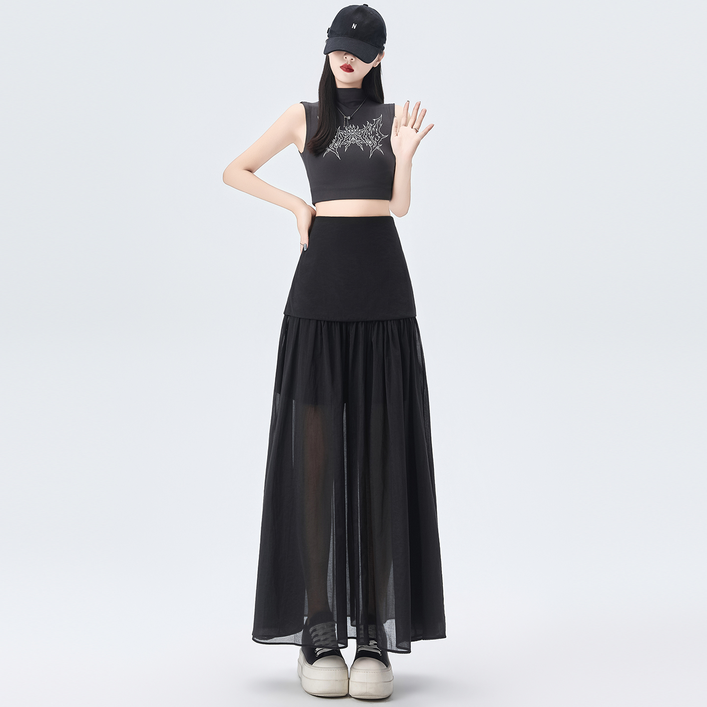 實拍 網紗拼接雙層半身裙女2026夏季新款高腰垂感顯瘦a字中長裙