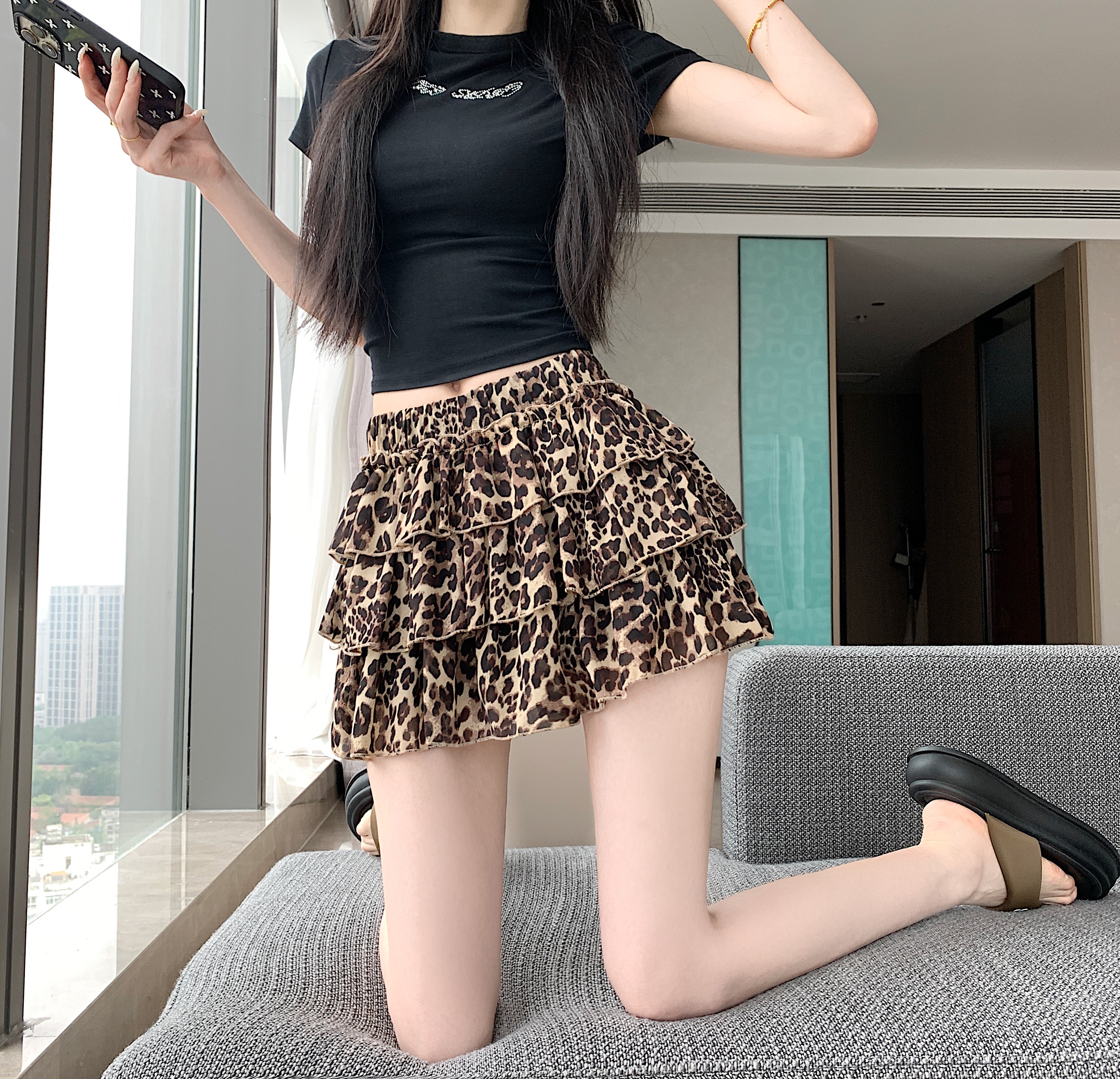 實拍豹紋蓬蓬荷葉邊蛋糕短裙女2026夏季新款層級感減齡百搭半身裙