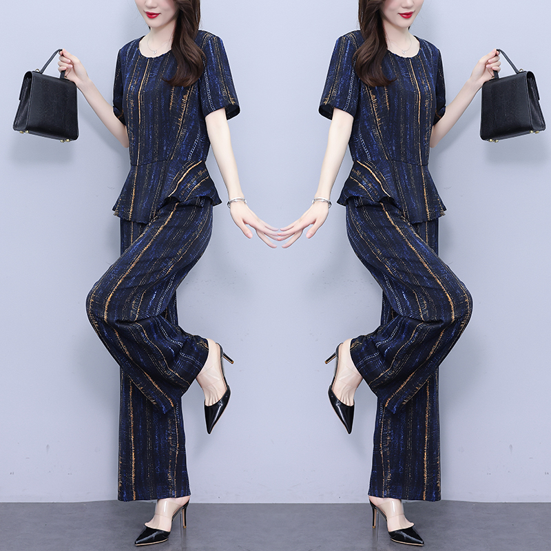 MY12215# 夏季新品阔腿裤两件套时尚短袖印花修身套装女女裝貨源服裝批發