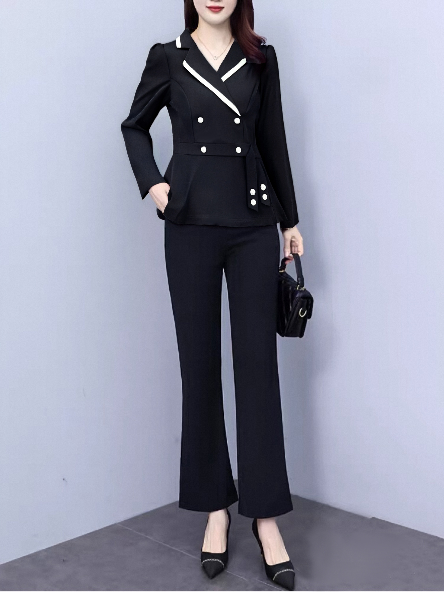 MY12209# 法式新品长袖两件套时尚修身微喇叭裤西装领套装女女裝貨源服...