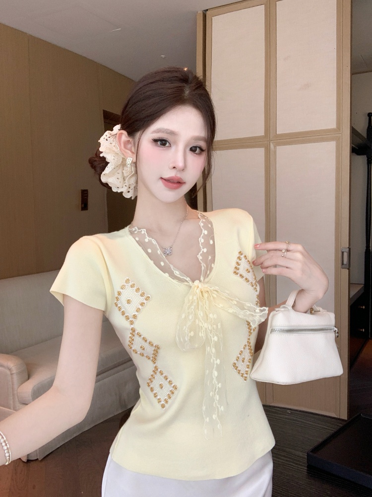 FA25866# 甜美少女色系蕾丝蝴蝶结短袖上衣拼接短袖修身洋气火爆流行新款 服裝批發女裝批發服飾貨源