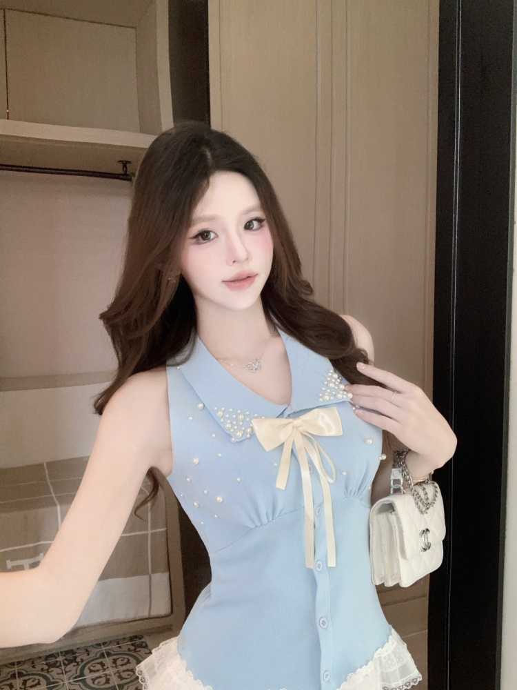 MY13119# 甜辣妹蓝色珍珠蝴蝶结无袖背心翻领设计感少女气质吸睛超火爆...