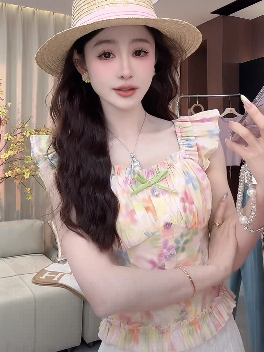 MY10550# 简约碎花方领吊带飞飞袖背心夏季新款设计感别致绝美上衣女女裝貨源服裝批發