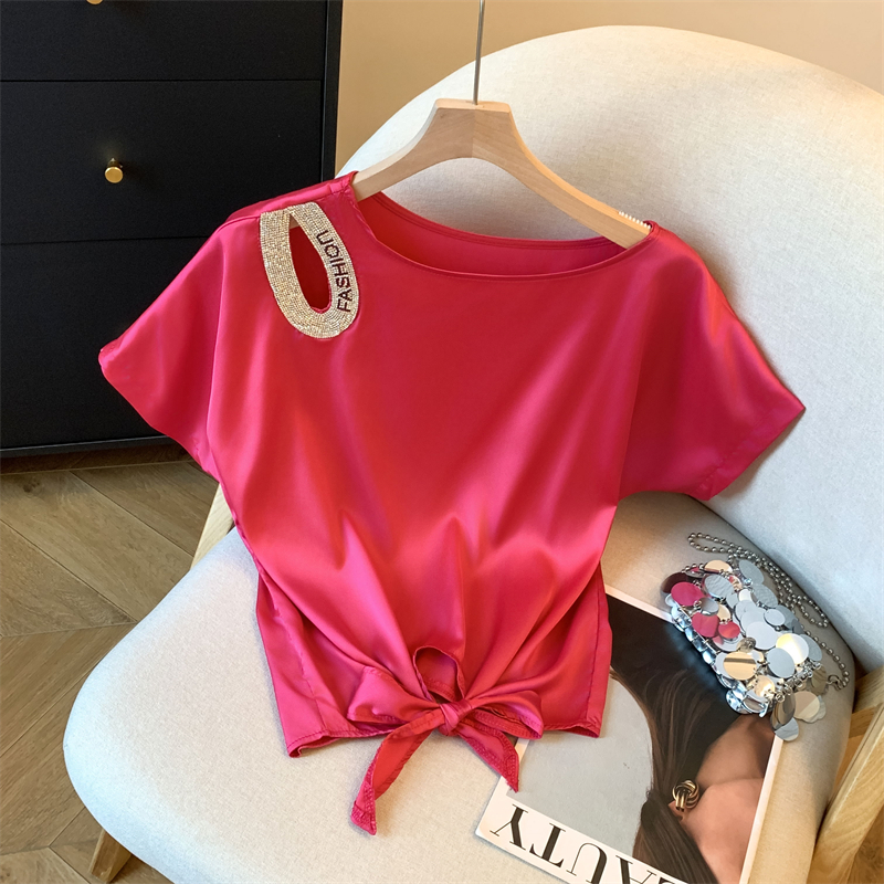 MY10553# 短袖镂空镶钻设计感不规则上衣宽松修身纯色百搭新款女裝貨源服裝批發