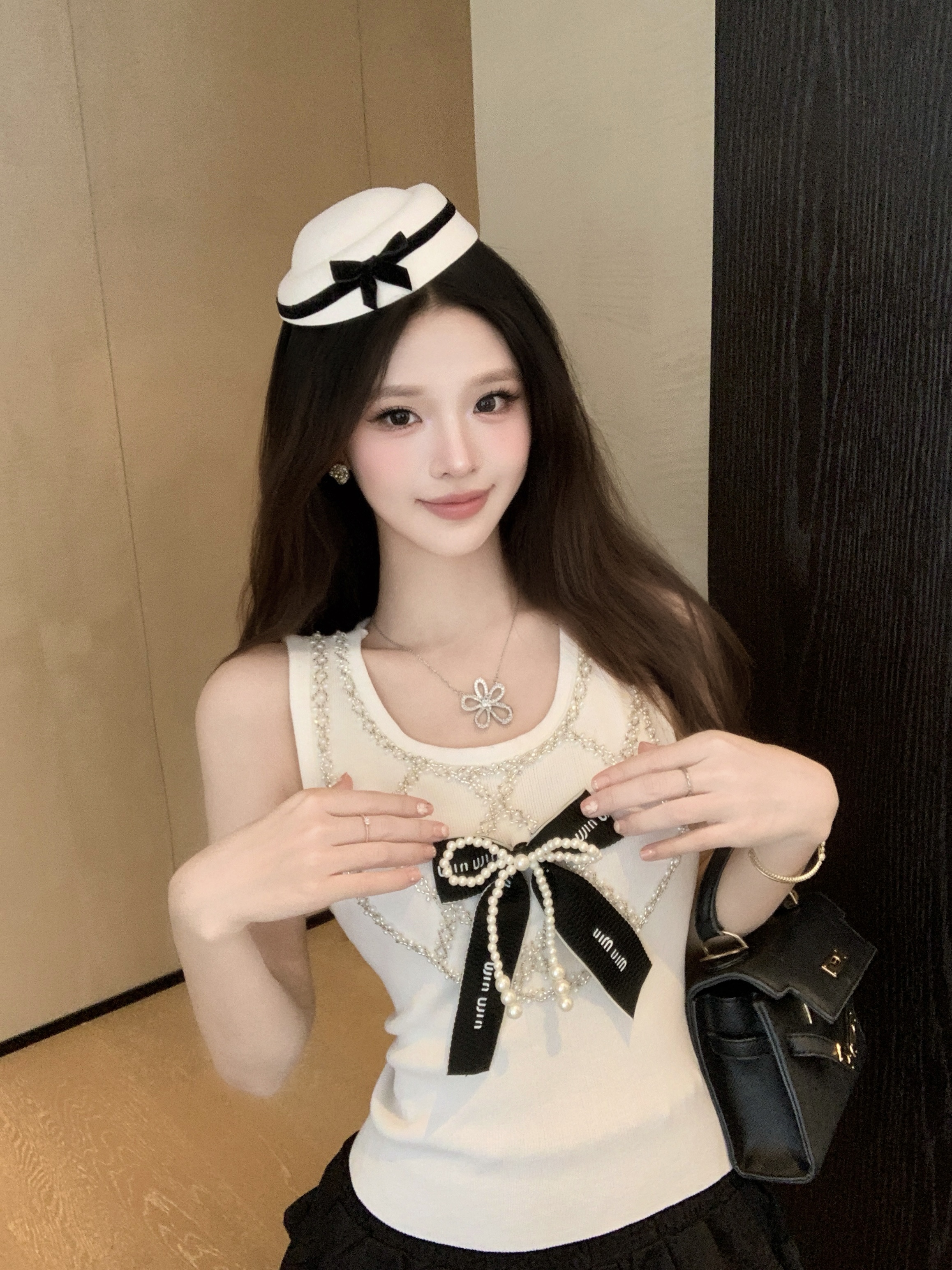 MY16647# 法式名媛风针织吊带 蝴蝶结镶钻无袖背心内外穿修身显瘦新款女裝貨源服裝批發