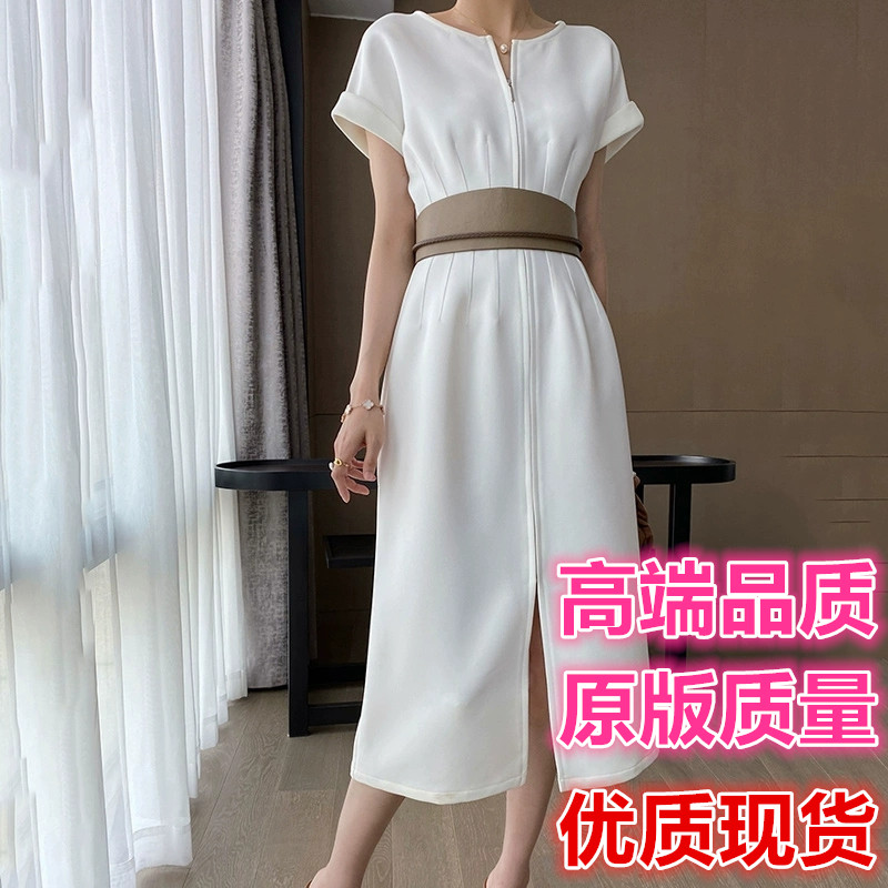 MY7872# 崔婶儿定制 雕塑感白茶裙 气质女神范设计感收腰显瘦长款连衣裙夏女裝貨源服裝批發