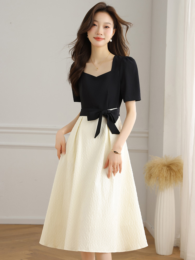 MY9213# 方领泡泡袖拼接撞色连衣裙小香风气质收腰细带遮肉显瘦绝美裙子女女裝貨源服裝批發