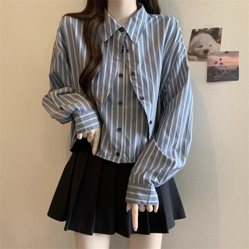 MY11633# 大码女装法式假两件POLO领条纹衬衫女春秋胖妹妹宽松显瘦正肩上衣女裝貨源服裝批發