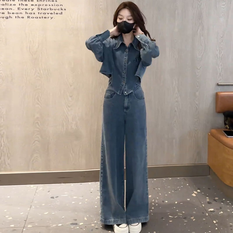 MY13823# 女裝貨源新款韩版时尚潮流百搭显瘦长袖上衣+阔腿裤牛仔两件...