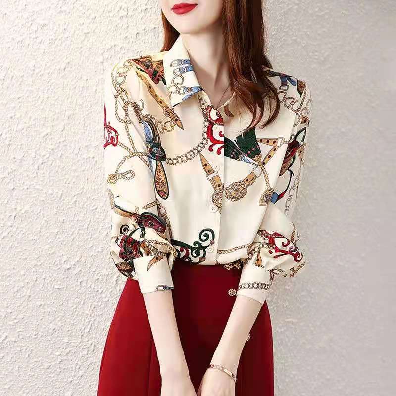 MY17278# 衬衫女长袖印花新款雪纺上衣韩版气质衬衣百搭宽松打底衫女裝貨源服裝批發