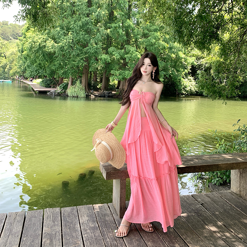 粉色月光少女海邊度假套裝超仙抹胸上衣+大裙擺半身裙