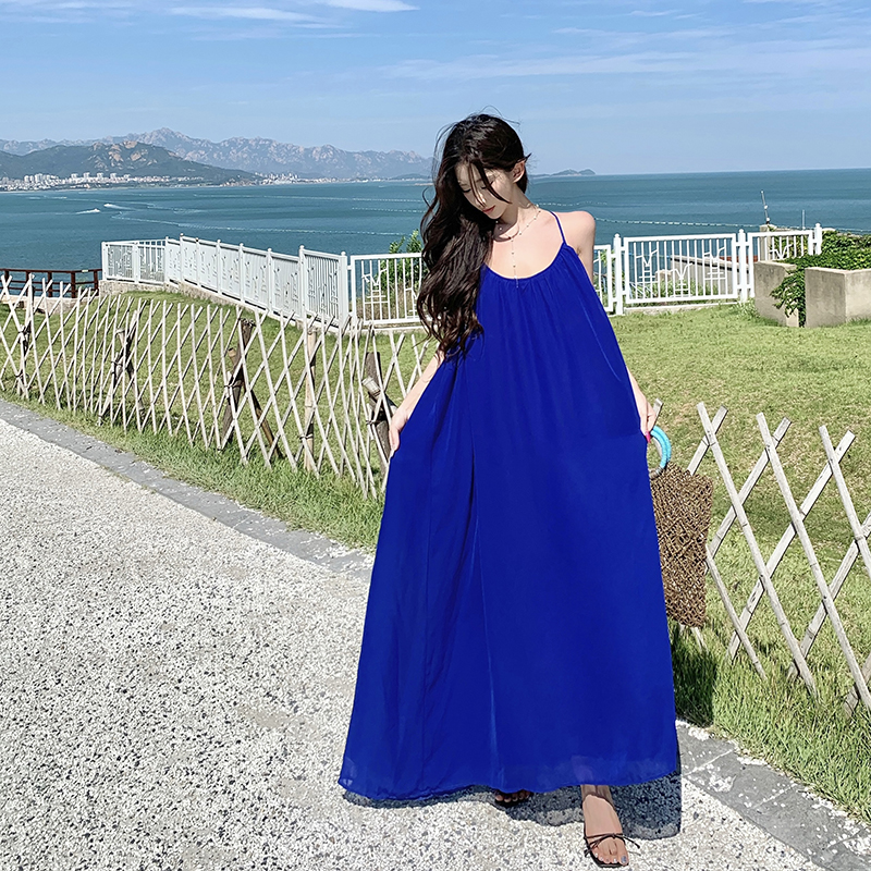 克萊因藍掛脖吊帶連衣裙 巨好看夏季大碼海邊度假裙子長裙