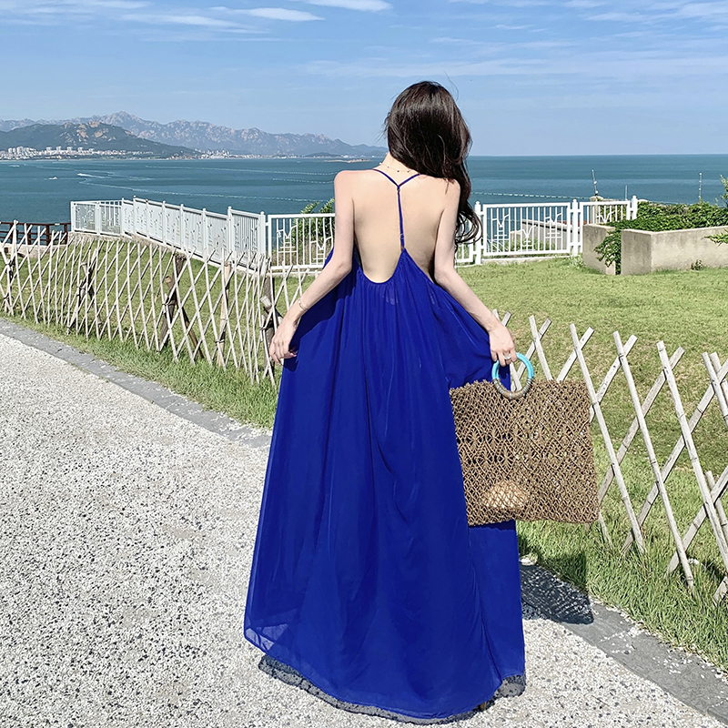 克萊因藍掛脖吊帶連衣裙 巨好看夏季大碼海邊度假裙子長裙
