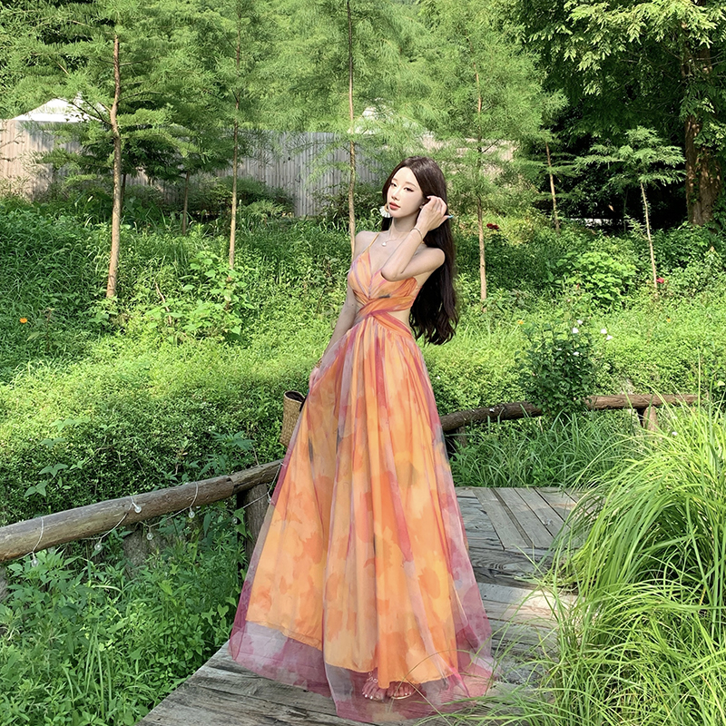 莫奈花園橘色碎花印花仙女純欲吊帶長款顯瘦紗裙連衣裙