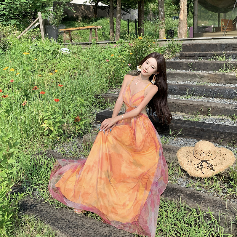 莫奈花園橘色碎花印花仙女純欲吊帶長款顯瘦紗裙連衣裙
