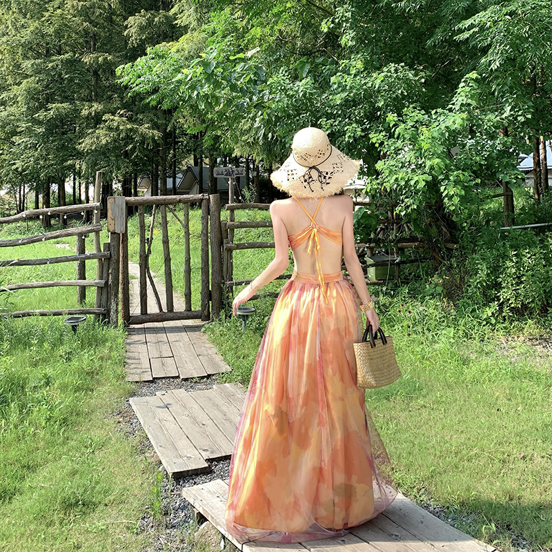 莫奈花園橘色碎花印花仙女純欲吊帶長款顯瘦紗裙連衣裙