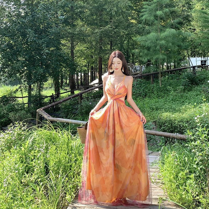 莫奈花園橘色碎花印花仙女純欲吊帶長款顯瘦紗裙連衣裙