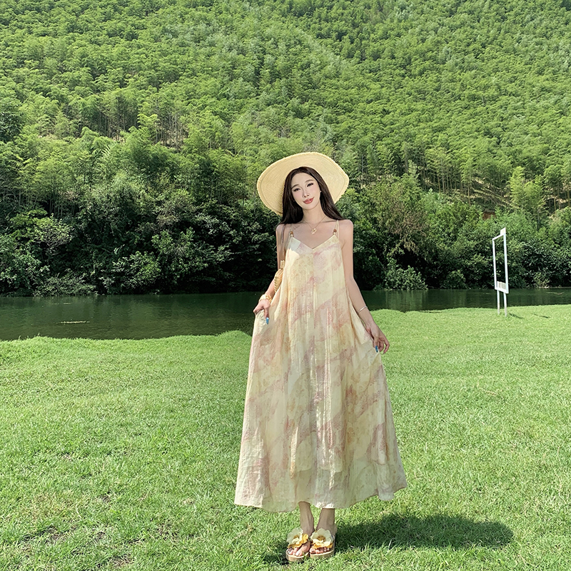 法式慵懶暈染印花長款串珠吊帶連衣裙夏新款復古寬松度假長裙