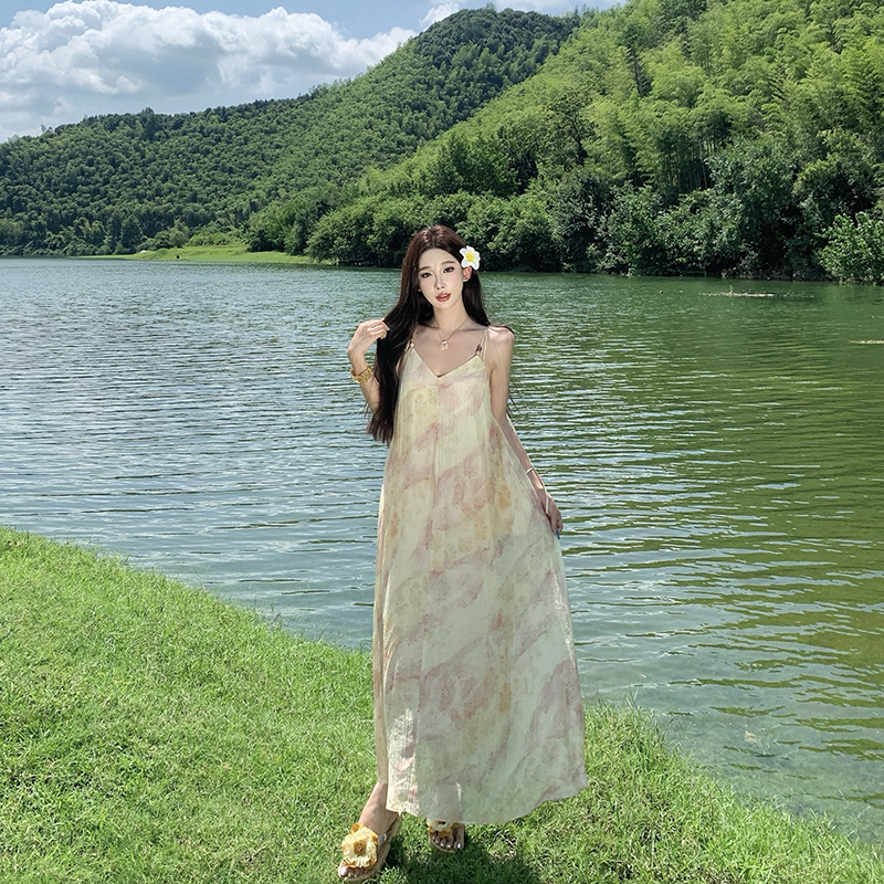 法式慵懶暈染印花長款串珠吊帶連衣裙夏新款復古寬松度假長裙
